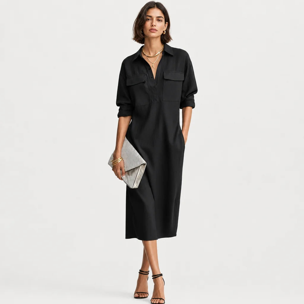 Women's Cotton-Linen Blend Midi Dress | Elegant Short-Sleeved Black Summer Dress 4