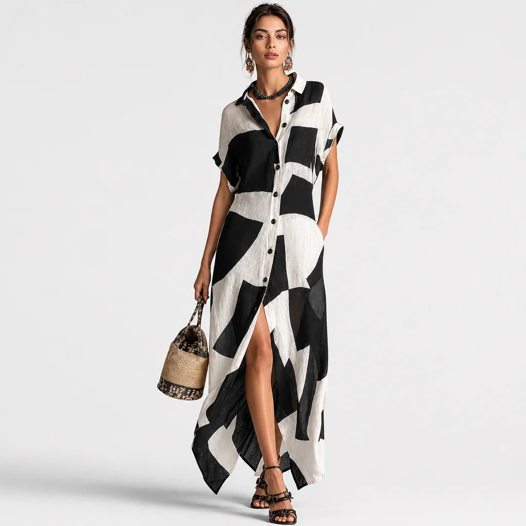 Women's Cotton Linen Blend Maxi Dress | Stylish Irregular Geometric Print Summer Dress 4