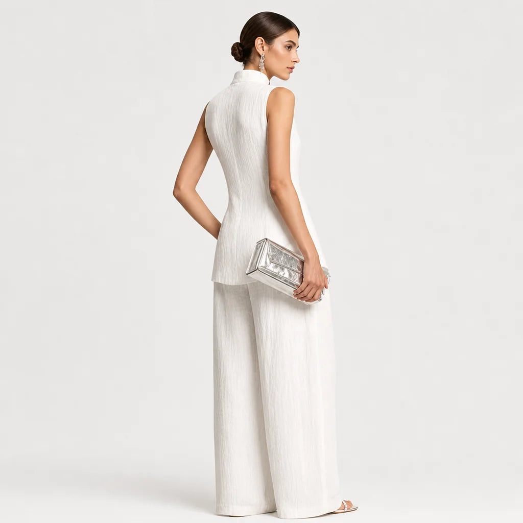 Women's Cotton Linen Two Piece Pants Set | Elegant Sleeveless Top with Stand Collar 4