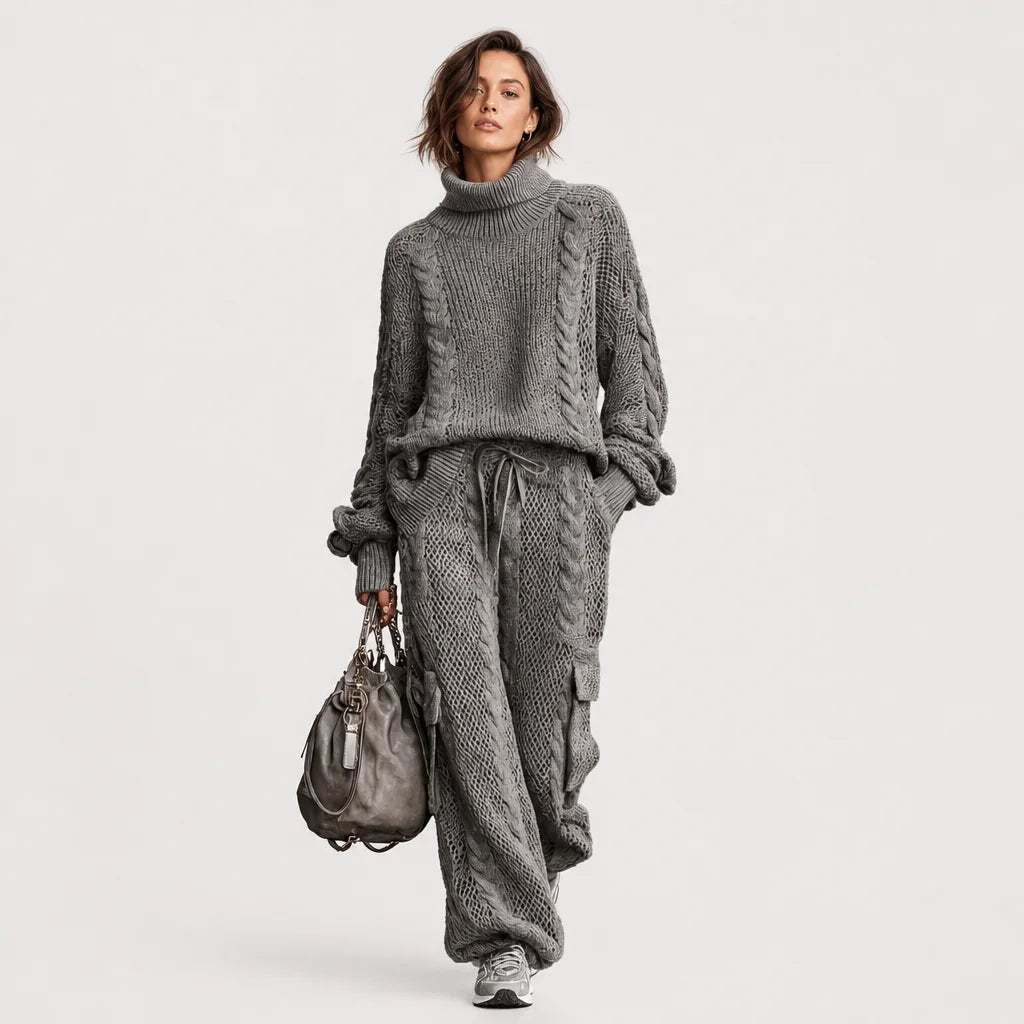 Women's Cozy Cable Knit Sweater Set | Relaxed Turtleneck and Cargo Pants | Stylish Two Piece Lounge Set 3