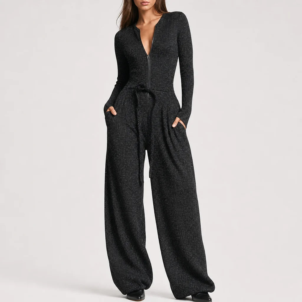 Women's Elegant Sparkling Knit Jumpsuit | Stylish Wide-Leg Zip Front Outfit 3