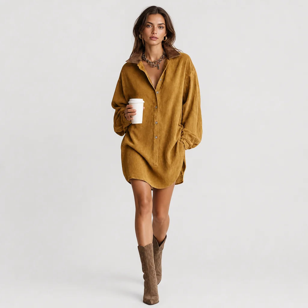 Women's Faux Suede Mini Dress | Stylish Loose Fit with Leather Lapel 6