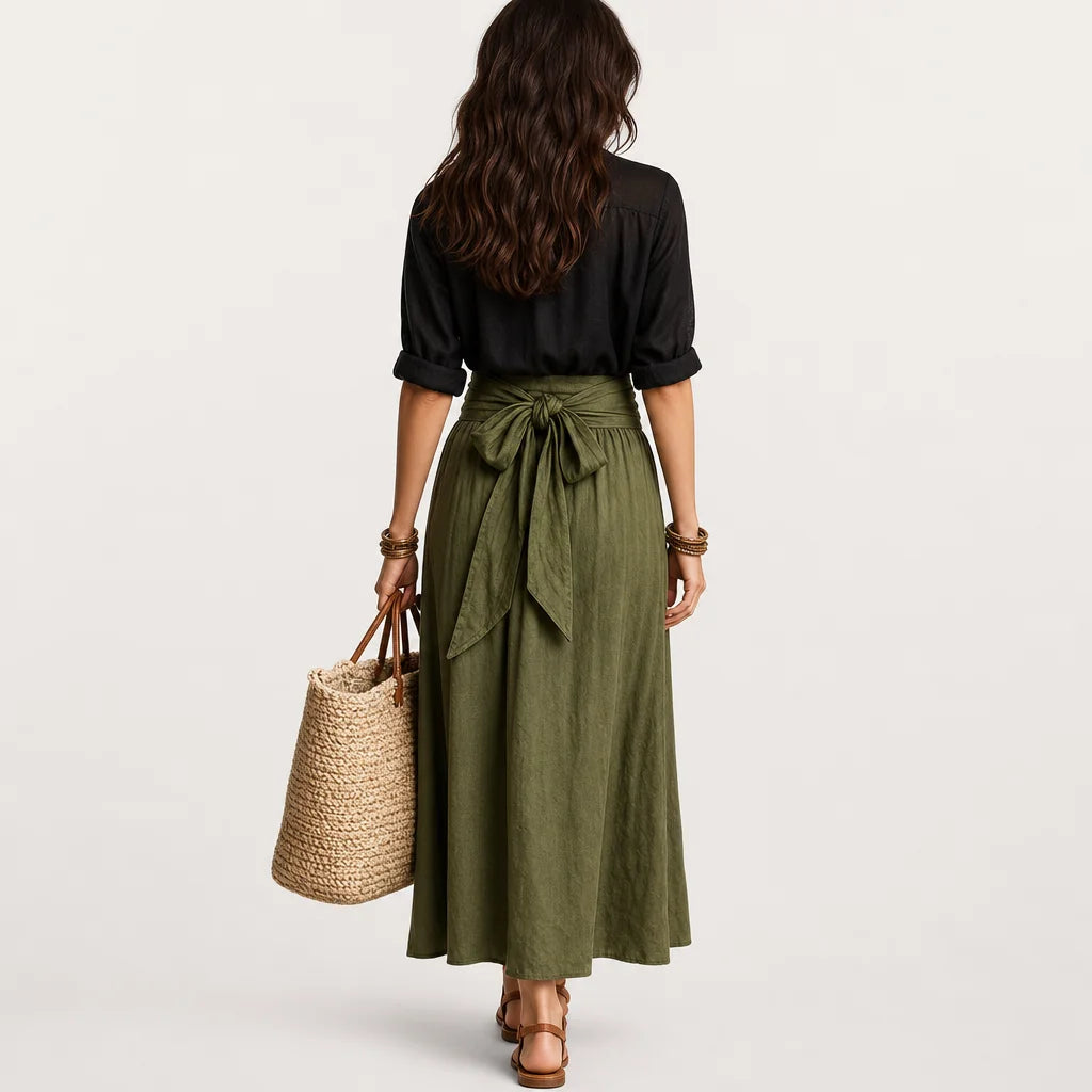 Women's Lightweight Flowy Two Piece Set | Elegant Button-Up Blouse and High-Waisted Maxi Skirt 2