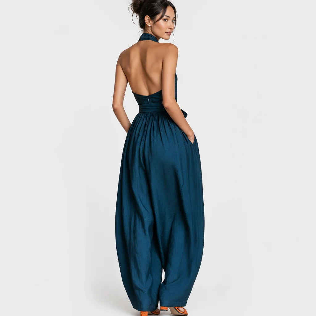 Women's Linen Blend Jumpsuit | Chic Cross Halter Wide-Leg Design for Spring Summer 4