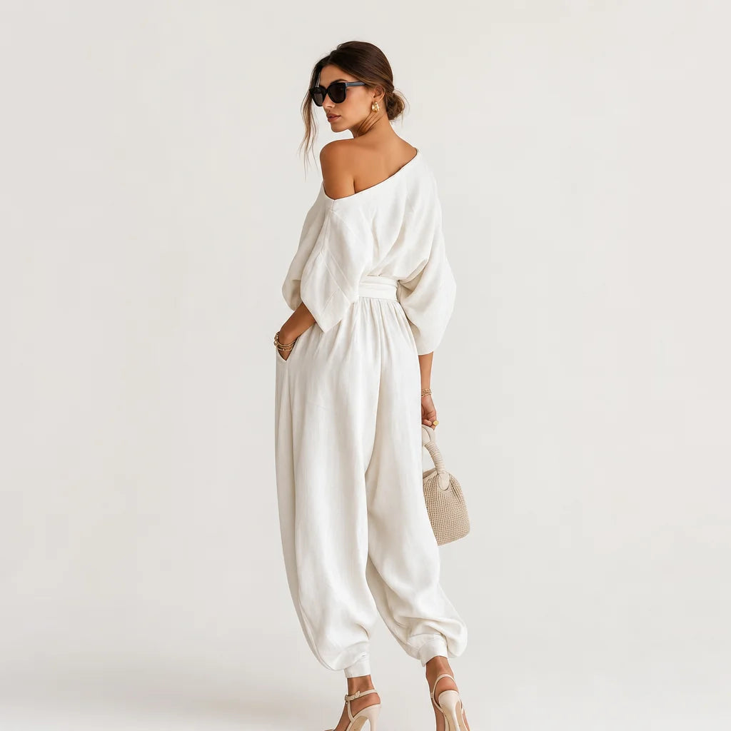 Women's Off-White Linen Casual Two Piece Set | Breezy Off-Shoulder Top and Tapered Pants 4