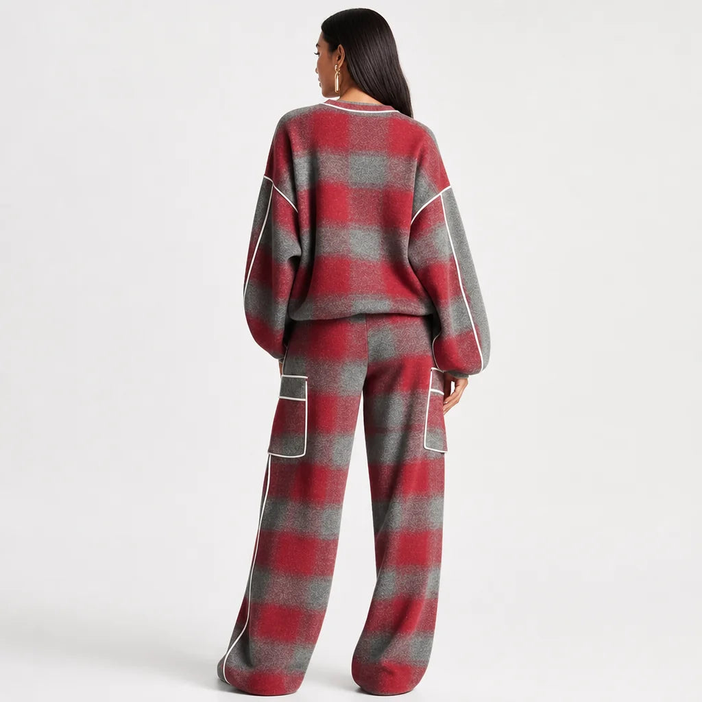 Women's Plaid Brushed Pantsuit | Stylish Distressed Spring-Fall Outfit 6