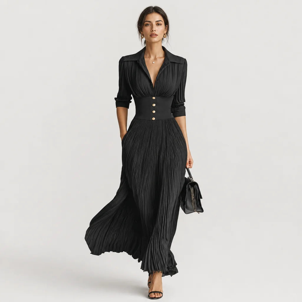 Women's Polyester Blend Maxi Dress | Elegant Pleated Long Sleeve Formal Dress 4