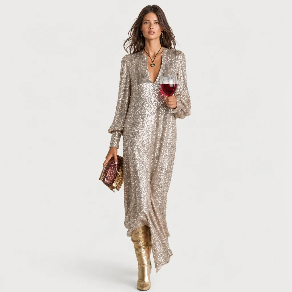 Women's Shimmering Polyester Maxi Dress | Elegant Loose-Fit V-Neck Evening Gown 8