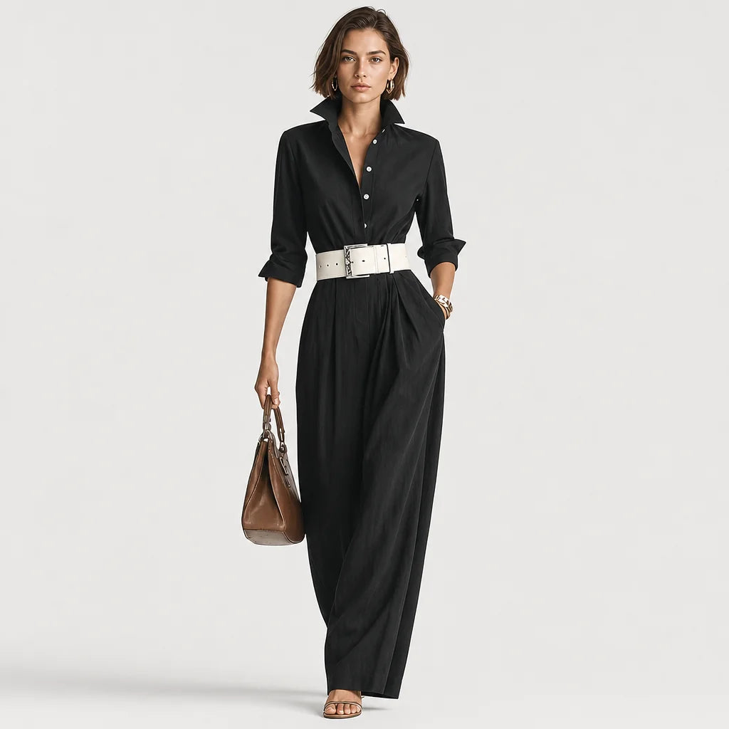 Women's Smooth Fabric Belted Jumpsuit | Elegant Tailored Long Sleeve Outfit 3