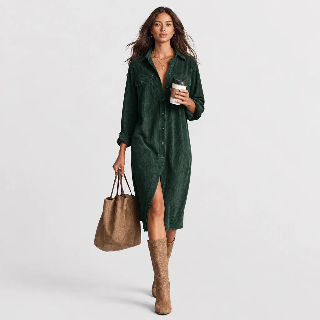 Women's Soft Corduroy Midi Dress | Relaxed Fit Double Chest Pocket Style 5