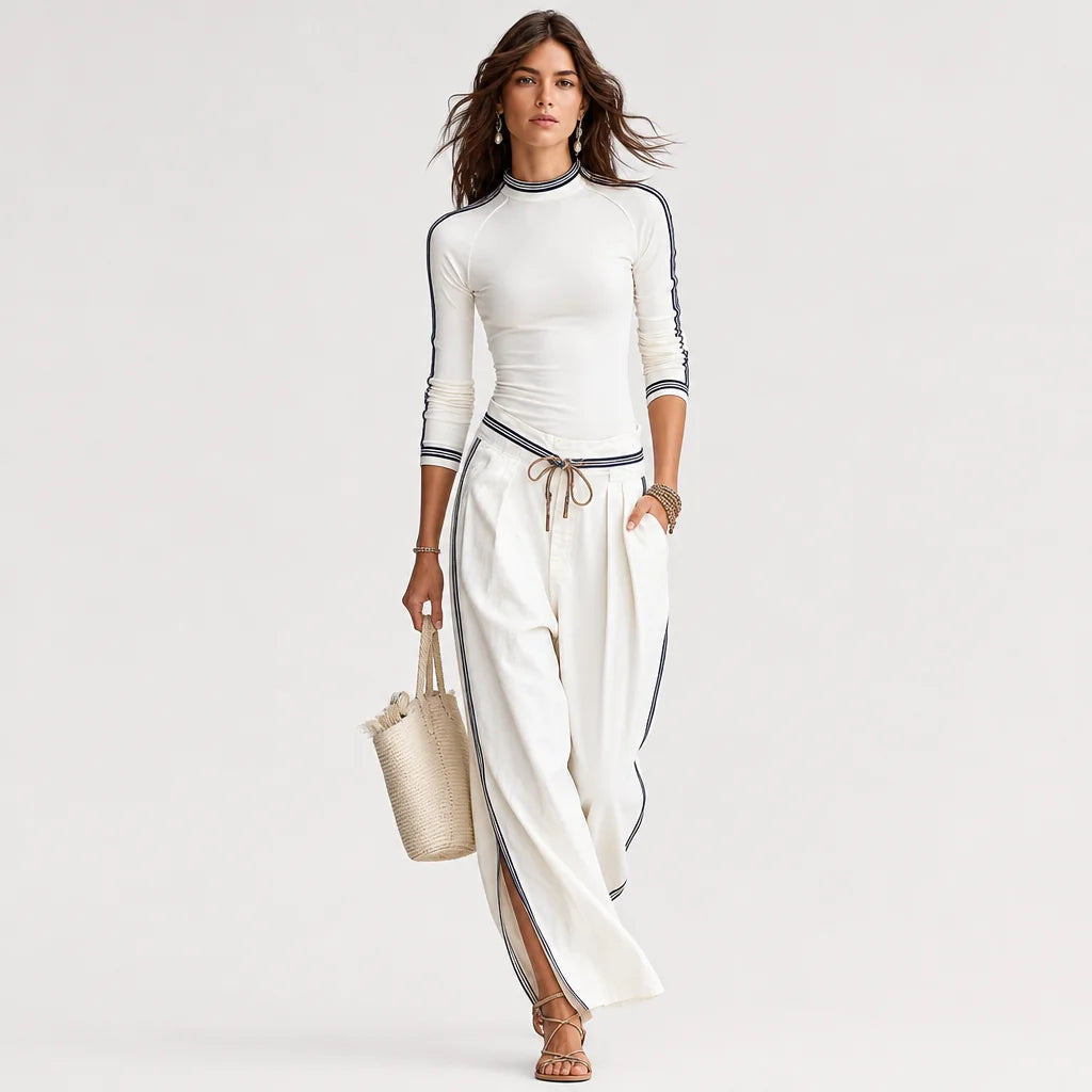 Women's Soft Cotton Blend Two-Piece Sports Set | Stylish Half-High Neck Top & Drawstring Wide-Leg Pants 5