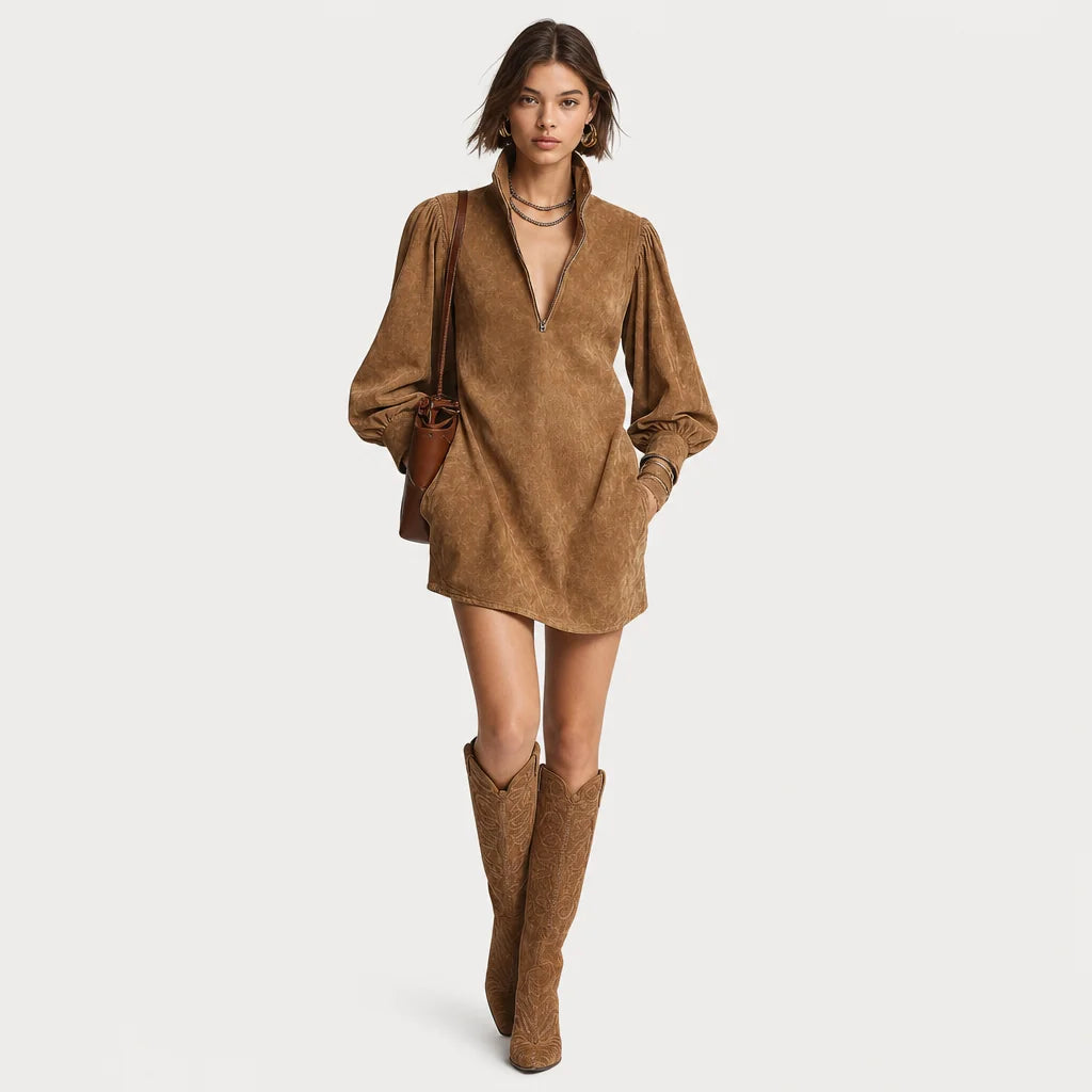 Women's Soft Faux Suede Mini Dress | Cozy Turtleneck with Zipper Closure 3