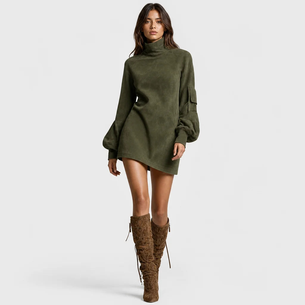 Women's Soft Faux Suede Mini Dress | Vintage Turtleneck Casual Outfit 8
