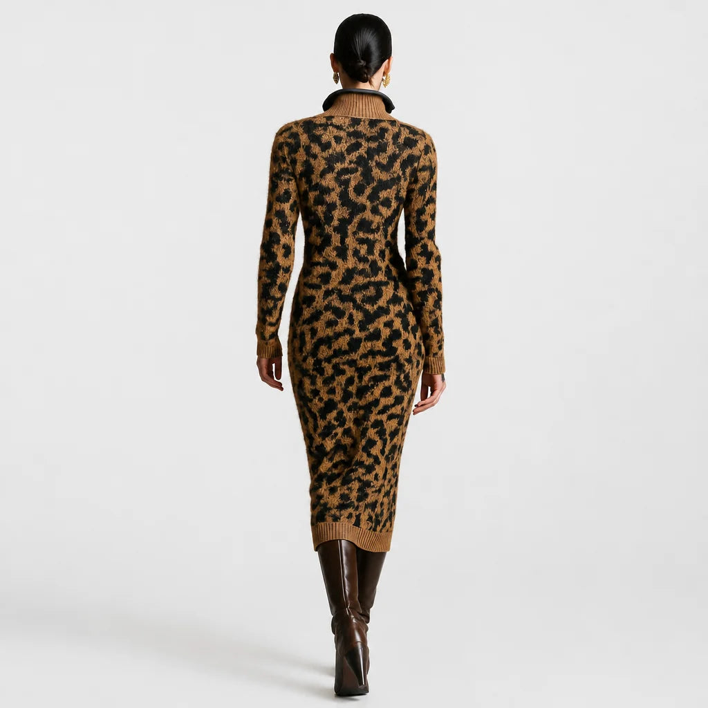 Women's Soft Jacquard Knit Midi Dress | Trendy Leopard Print with Zipper Neck 4