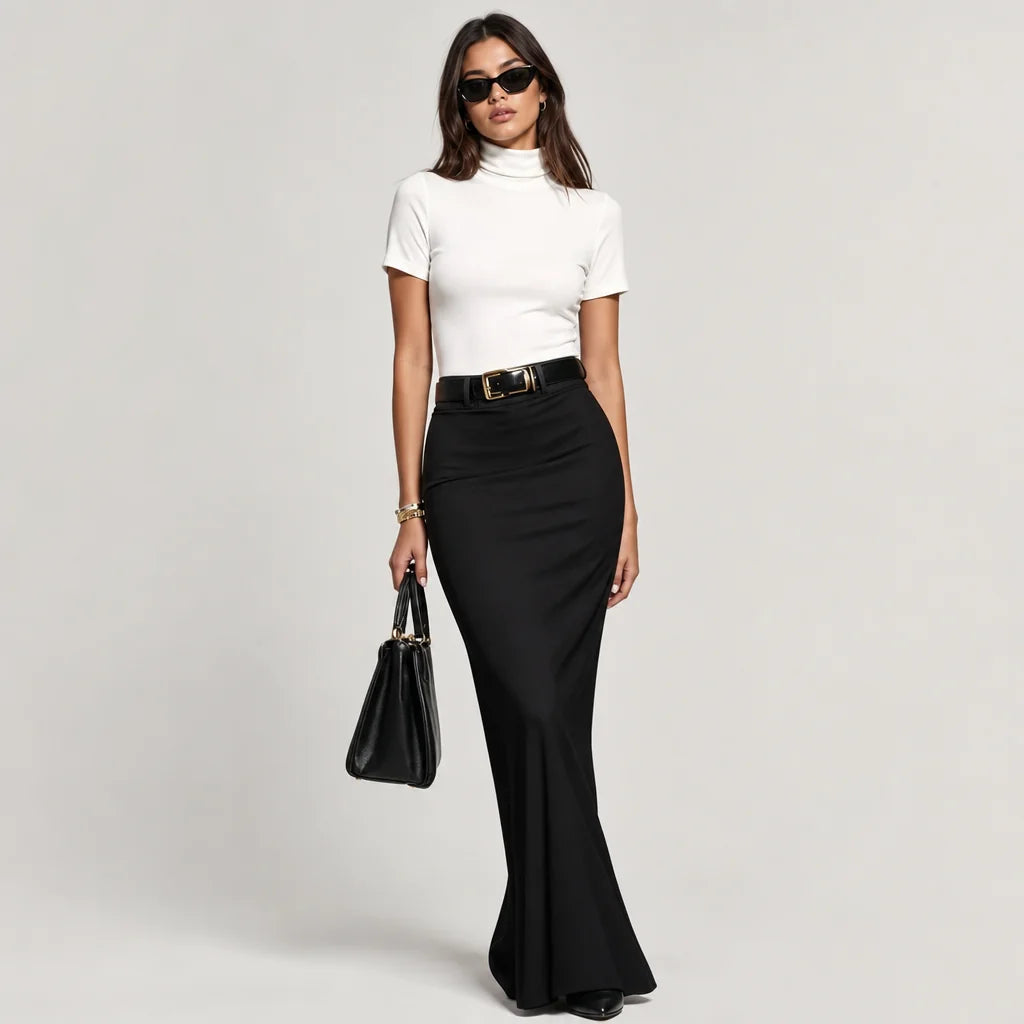 Women's Stretch Knit Turtleneck Top & Woven Midi Skirt Set | Elegant Two-Piece Outfit for Spring & Autumn 4