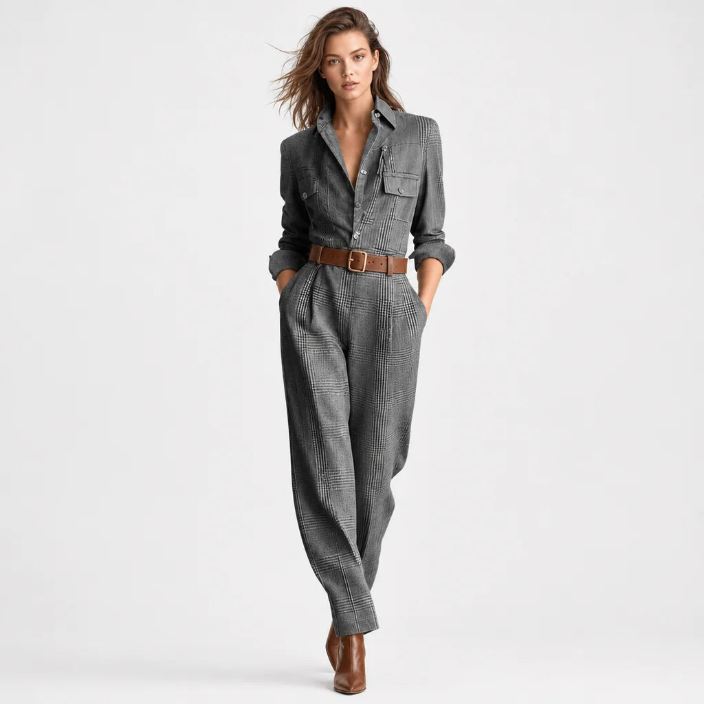 Women's Tweed-Texture Plaid Jumpsuit | Sophisticated Utility Wide Leg Outfit 4