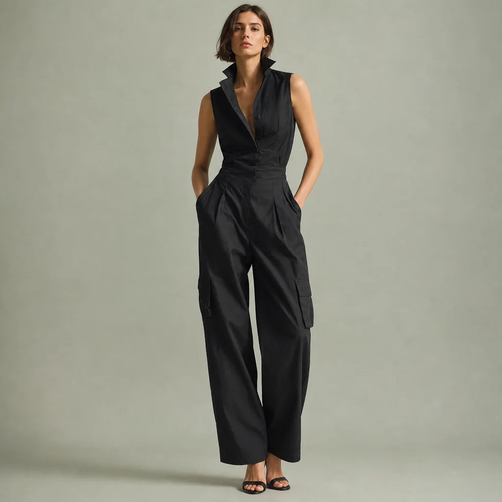 Women's Black Cotton Linen Blend Jumpsuit | Sleek Sleeveless Elegant Utility Design 0