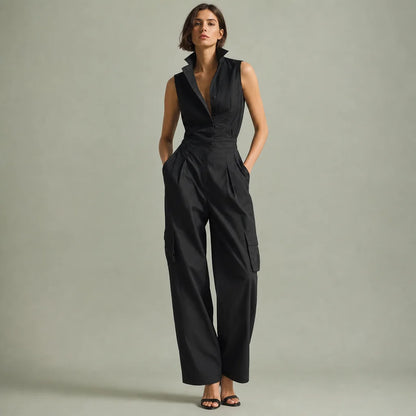 Women's Black Cotton Linen Blend Jumpsuit | Sleek Sleeveless Elegant Utility Design 0