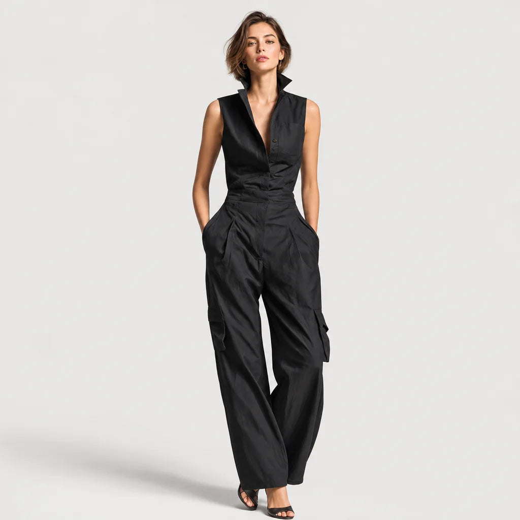 Women's Black Cotton Linen Blend Jumpsuit | Sleek Sleeveless Elegant Utility Design 1