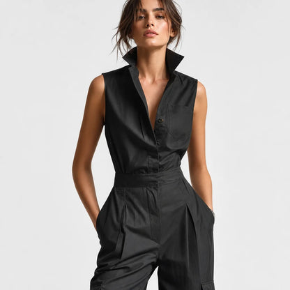 Women's Black Cotton Linen Blend Jumpsuit | Sleek Sleeveless Elegant Utility Design 2