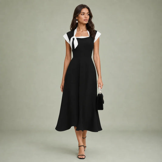 Women's Blended Fabric Midi Dress | Bold Colorblock Square Neck Design 0