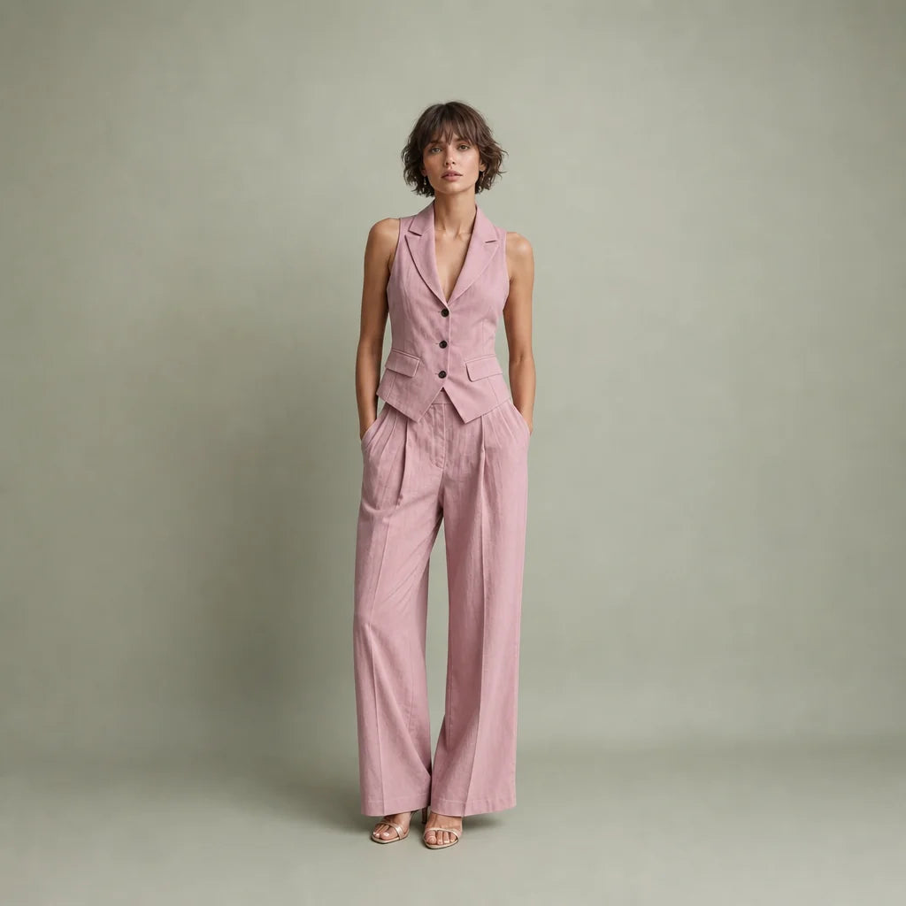 Women's Blush Pink Linen Two Piece Set | Elegant Sleeveless Vest & Wide-Leg Pants 0