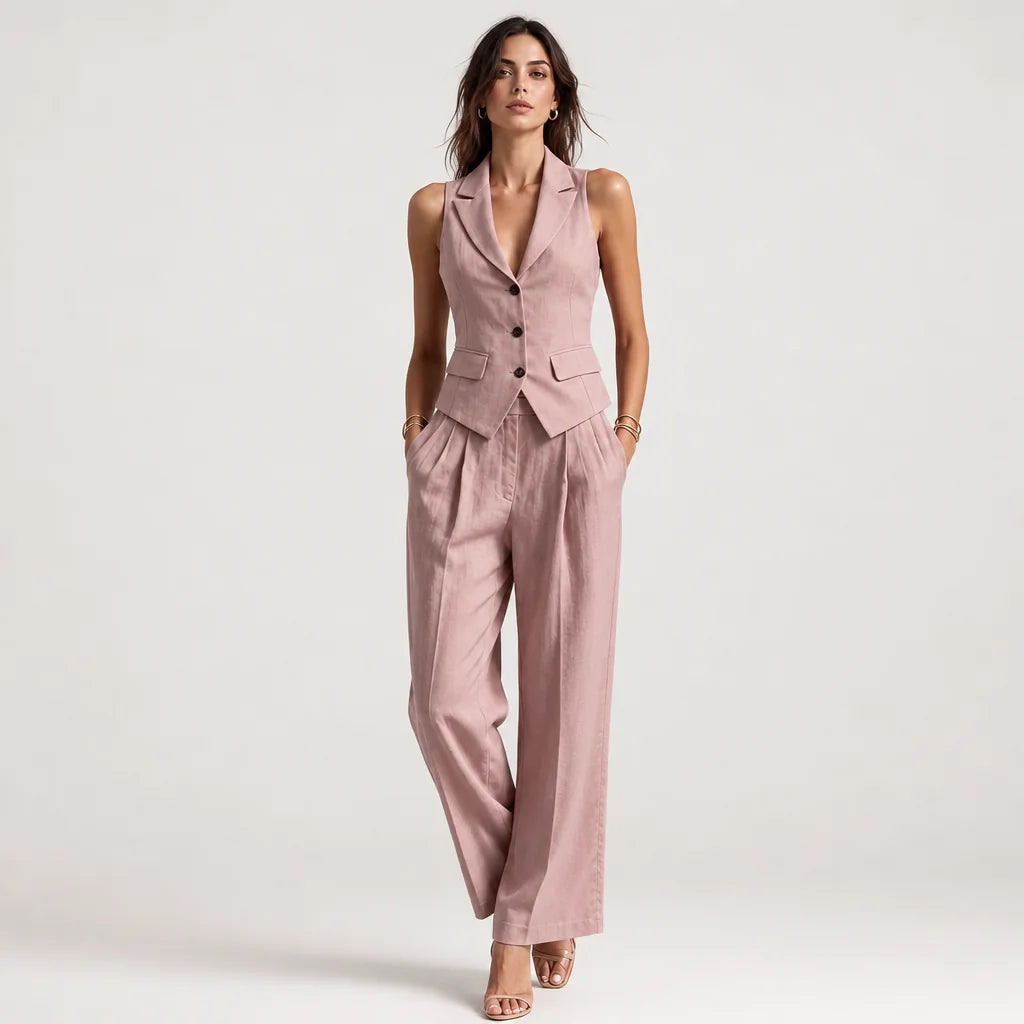 Women's Blush Pink Linen Two Piece Set | Elegant Sleeveless Vest & Wide-Leg Pants 1