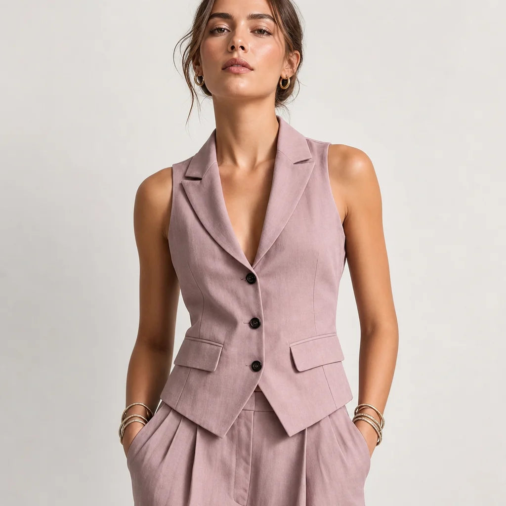 Women's Blush Pink Linen Two Piece Set | Elegant Sleeveless Vest & Wide-Leg Pants 2