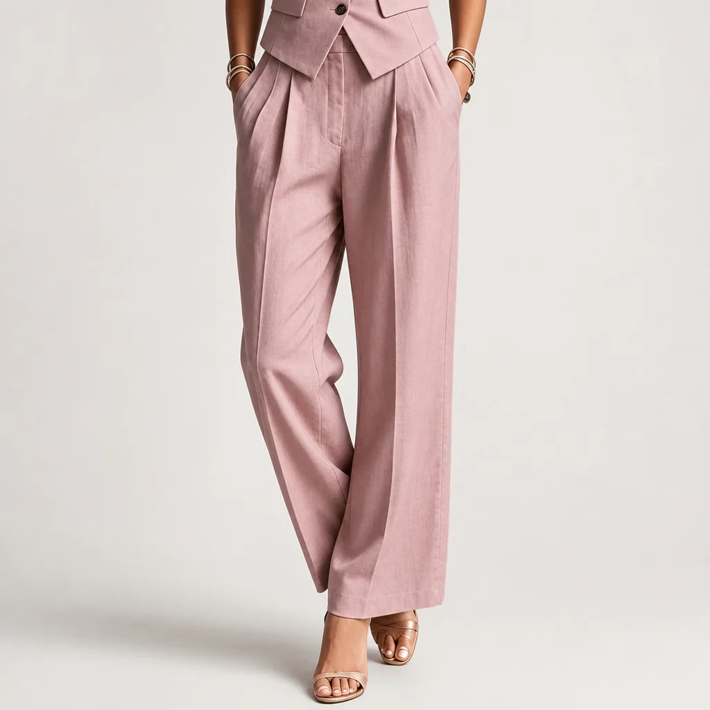 Women's Blush Pink Linen Two Piece Set | Elegant Sleeveless Vest & Wide-Leg Pants 3