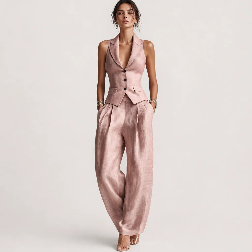 Women's Blush Pink Linen Two Piece Set | Elegant Sleeveless Vest & Wide-Leg Pants 4