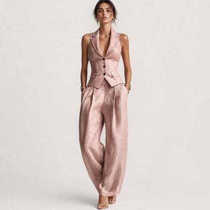 Women's Blush Pink Linen Two Piece Set | Elegant Sleeveless Vest & Wide-Leg Pants 4