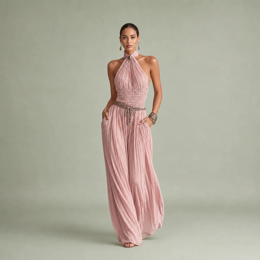 Women's Blush Pleated Jumpsuit | Elegant Halter Neck Wide-Leg Design 0