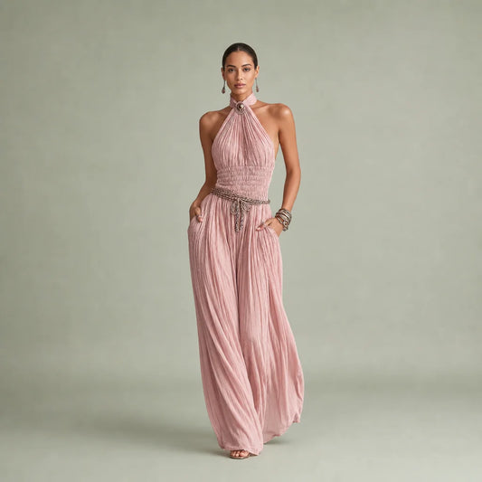 Women's Blush Pleated Jumpsuit | Elegant Halter Neck Wide-Leg Design 0