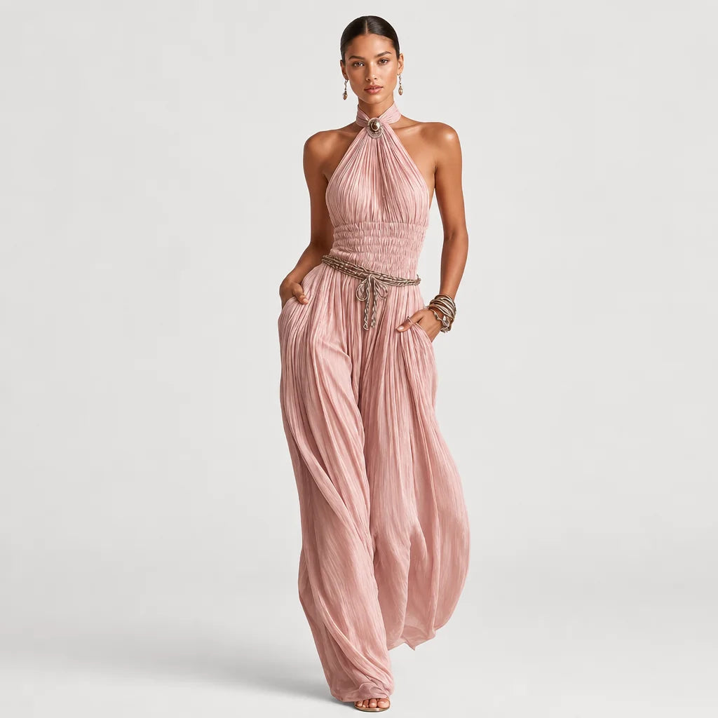 Women's Blush Pleated Jumpsuit | Elegant Halter Neck Wide-Leg Design 1
