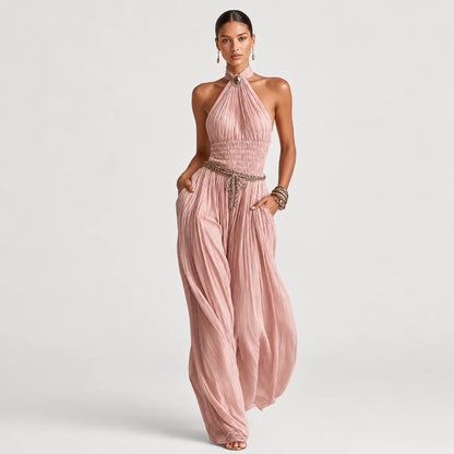 Women's Blush Pleated Jumpsuit | Elegant Halter Neck Wide-Leg Design 1