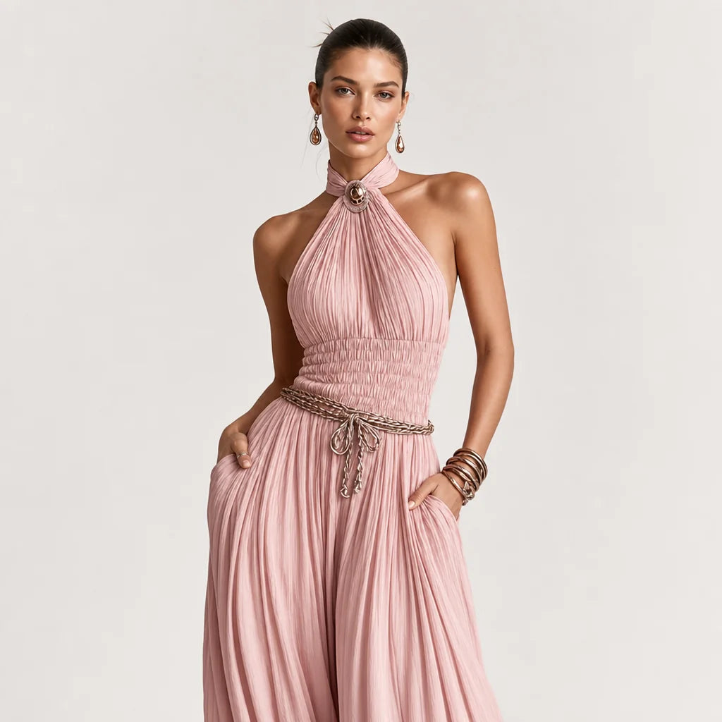 Women's Blush Pleated Jumpsuit | Elegant Halter Neck Wide-Leg Design 2