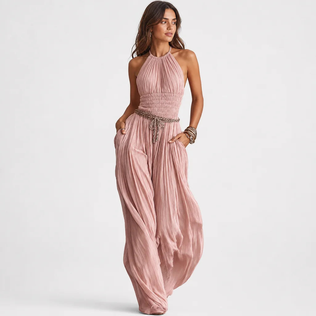 Women's Blush Pleated Jumpsuit | Elegant Halter Neck Wide-Leg Design 3
