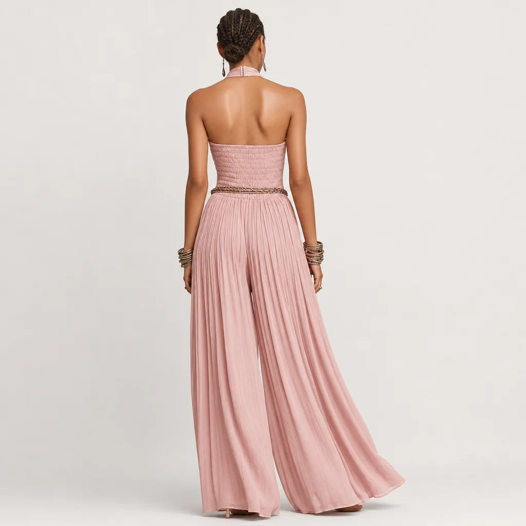 Women's Blush Pleated Jumpsuit | Elegant Halter Neck Wide-Leg Design 4