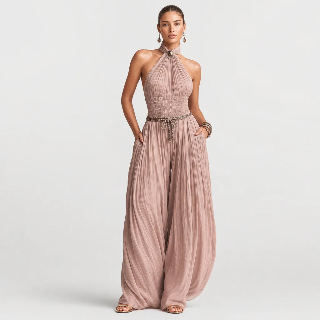 Women's Blush Pleated Jumpsuit | Elegant Halter Neck Wide-Leg Design 5