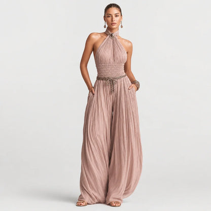 Women's Blush Pleated Jumpsuit | Elegant Halter Neck Wide-Leg Design 5