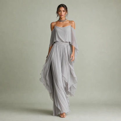 Women's Breathable Chiffon Outfit | Elegant Cold-Shoulder Flared Set 0