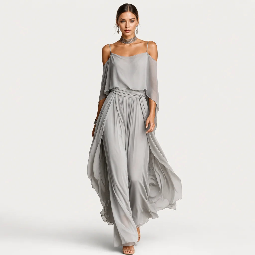 Women's Breathable Chiffon Outfit | Elegant Cold-Shoulder Flared Set 1