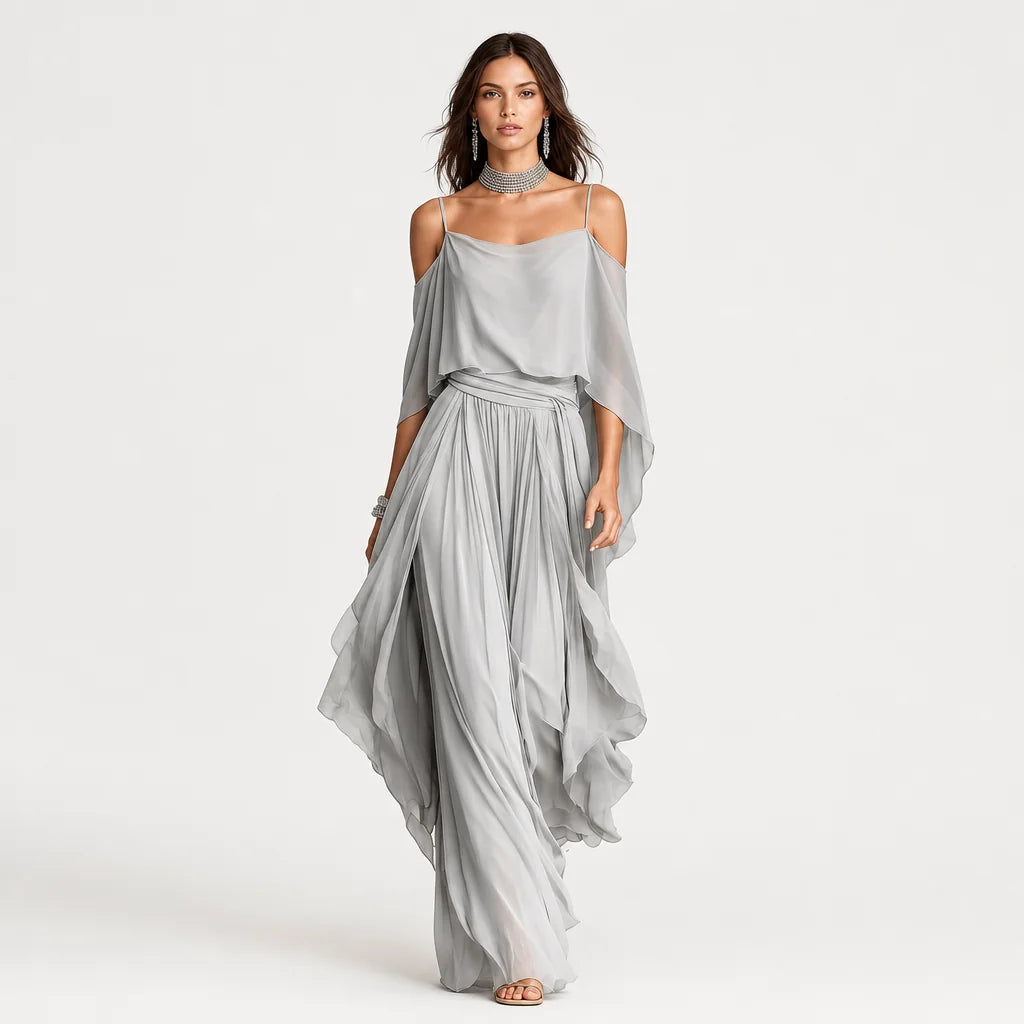Women's Breathable Chiffon Outfit | Elegant Cold-Shoulder Flared Set 2
