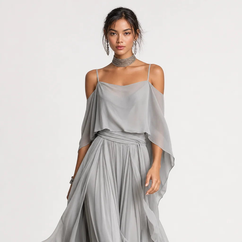 Women's Breathable Chiffon Outfit | Elegant Cold-Shoulder Flared Set 3