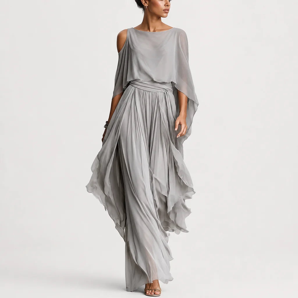 Women's Breathable Chiffon Outfit | Elegant Cold-Shoulder Flared Set 4
