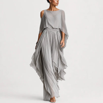 Women's Breathable Chiffon Outfit | Elegant Cold-Shoulder Flared Set 4