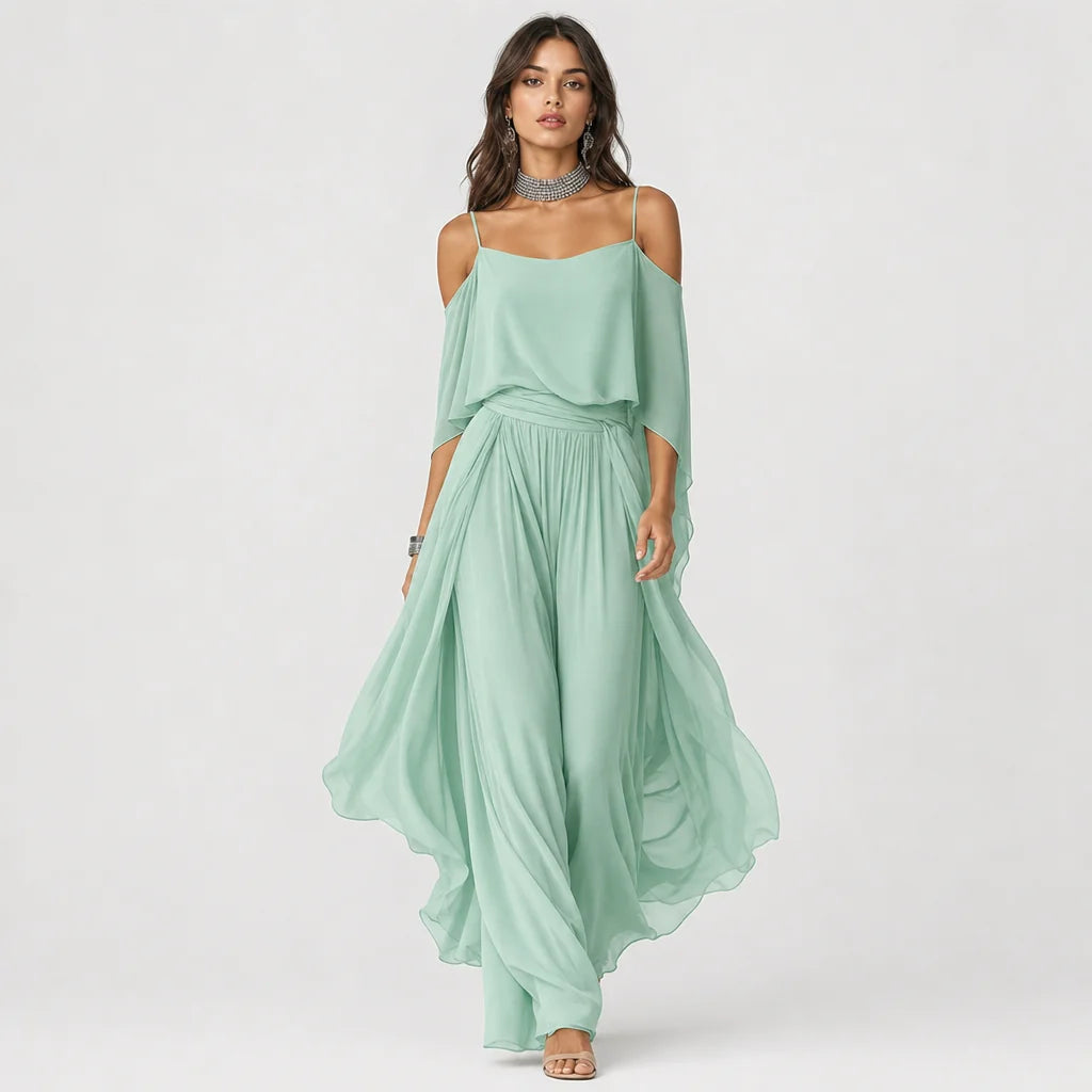 Women's Breathable Chiffon Outfit | Elegant Cold-Shoulder Flared Set 5