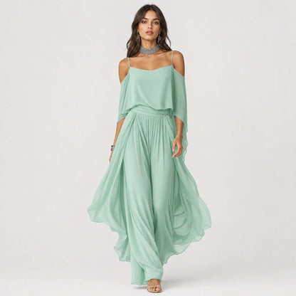 Women's Breathable Chiffon Outfit | Elegant Cold-Shoulder Flared Set 5