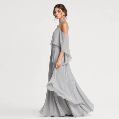 Women's Breathable Chiffon Outfit | Elegant Cold-Shoulder Flared Set 6