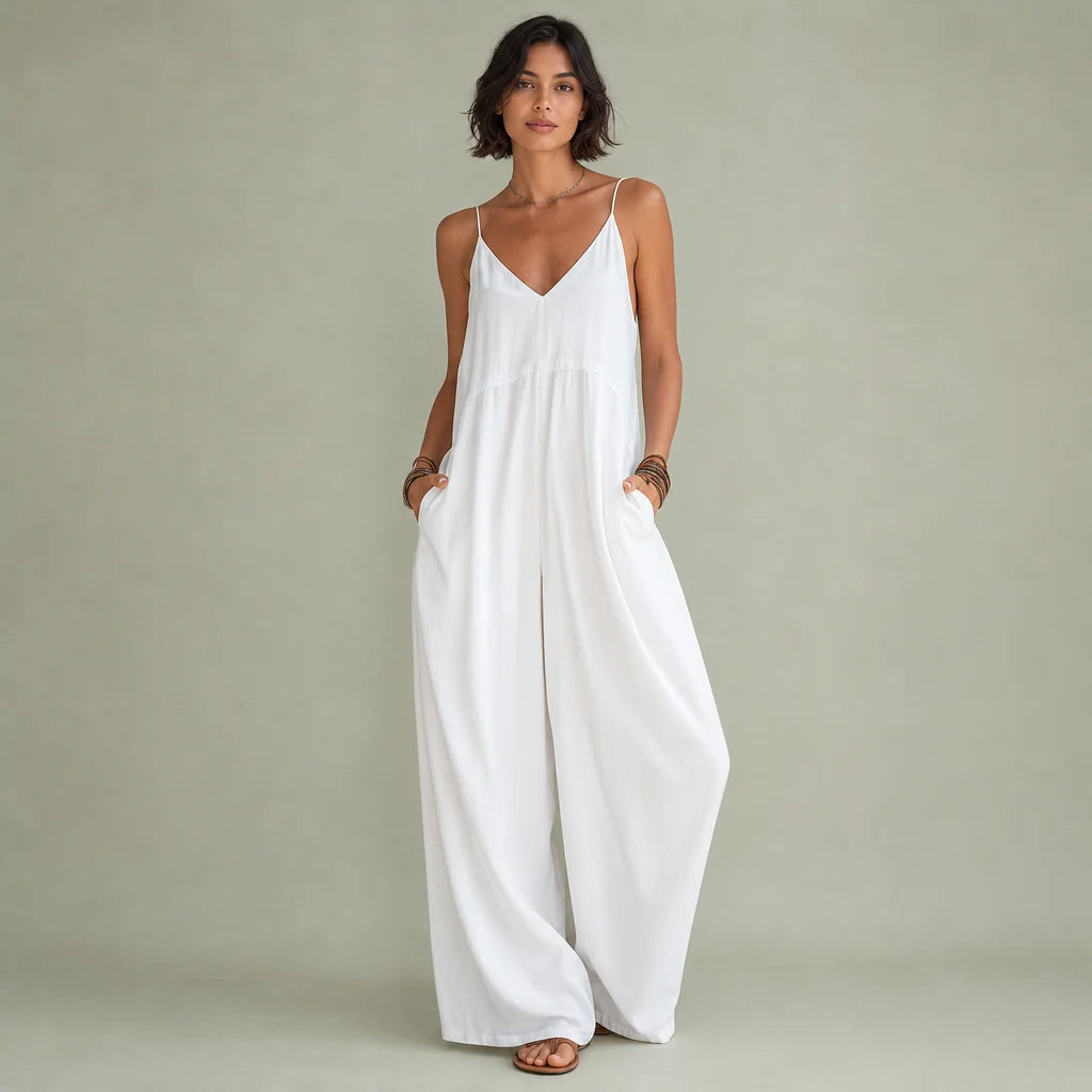 Women's Breathable Cotton-Linen Blend Jumpsuit | Casual Loose-Fit White Summer Outfit 0